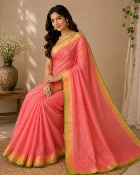 Orange Pure Handloom Linen By Linen Saree From Bengal