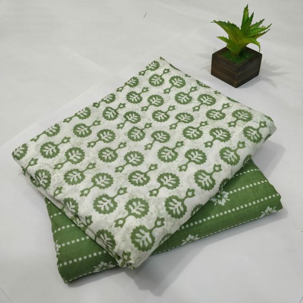White Light Green Hand Block Printed Cotton Kurti And Pant