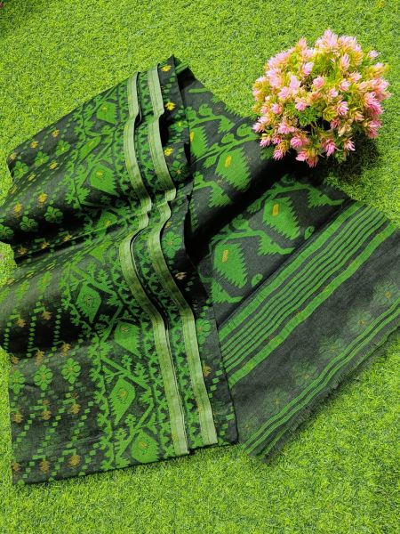 Black Green Butta Pure Handloom Silk Cotton Saree