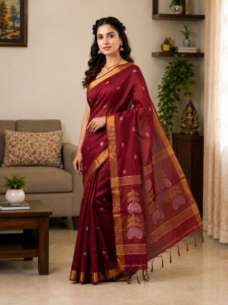 Bright Maroon Pure Handloom Linen By Linen Saree From Bengal