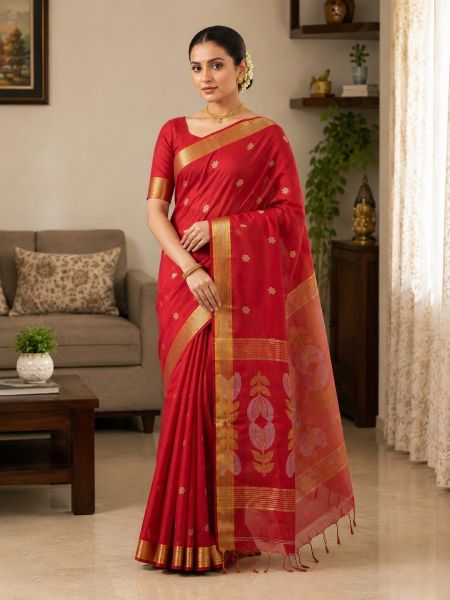 Bright Red Pure Handloom Linen By Linen Saree From Bengal