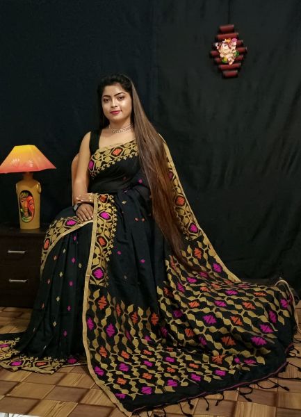 Black Leaf Dhakai Linen Cotton Saree From Bengal