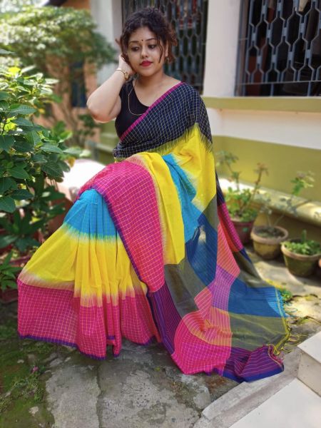 Pink Yellow Pure Handloom Ikkat Silk Saree From Bengal