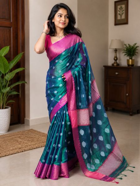 Peacock Blue Pure Handloom Tissue Cotton Saree From Bengal