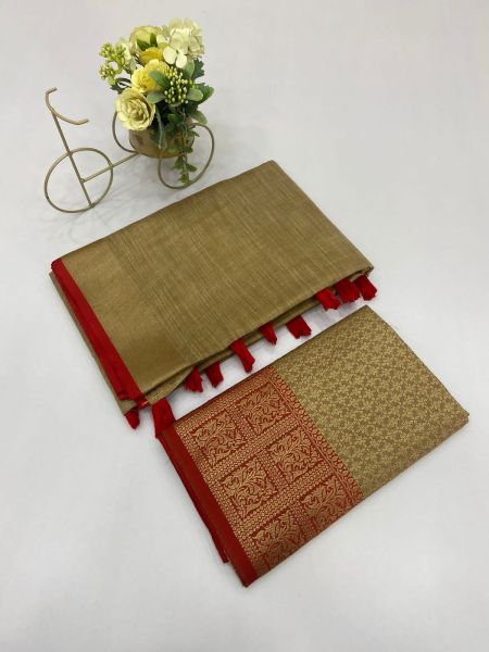 Beige Plain Body Linen Saree
