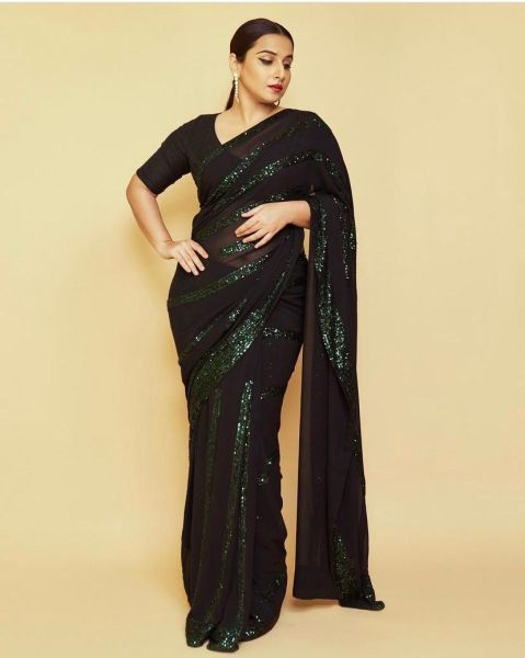 Black Green Embroidery Work Georgette Saree With Sequence Lining