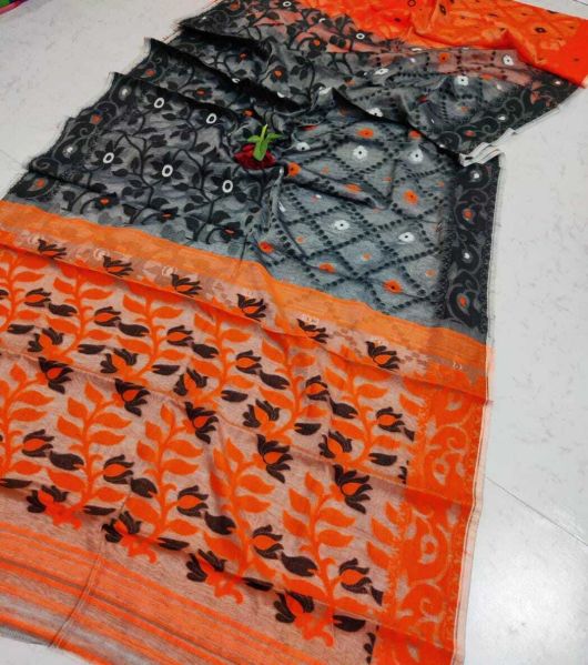 Black And Orange Dhakai Jamdani Soft Cotton Saree From Bengal