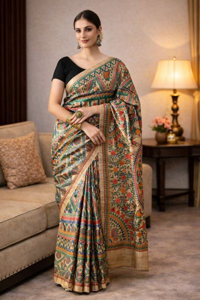 Authentic Bhagalpur Handwoven Tussar Silk Madhubani Art Saree Premium Silk Mark Certified Saree