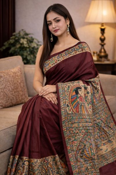 Premium Handwoven Bhagalpuri Tussar Silk Madhubani Saree Pure Organic Silk with Silk Mark