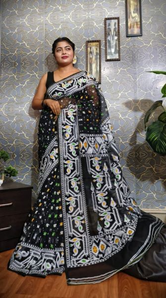 Black Leaf Design Pure Handloom Dhakai Jamdani Saree