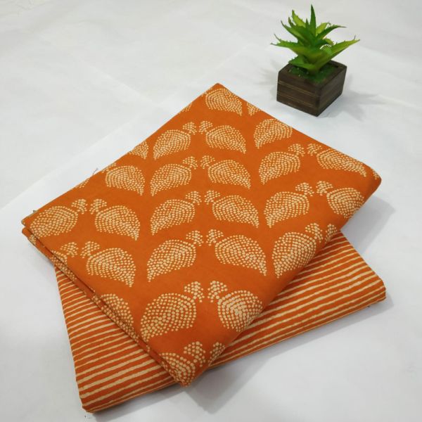 Orange White Hand Block Printed Cotton Kurti And Pant