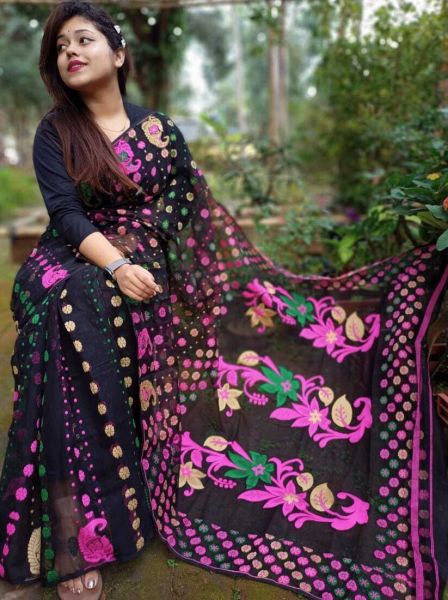 Black Dhakai Jamdani Cotton Saree