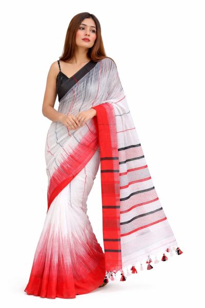 White Red Black Ikkat Cotton Saree From Bengal