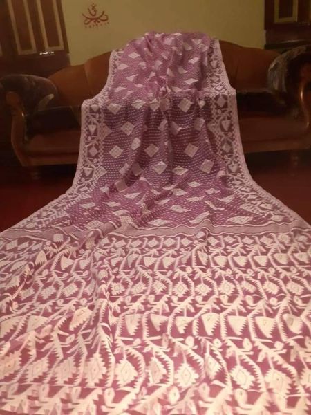 Baby Pink Suto Work Dhakai Jamdani Cotton Saree From Bengal