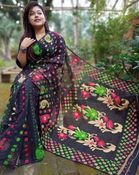 Black Dhakai Jamdani Cotton Saree