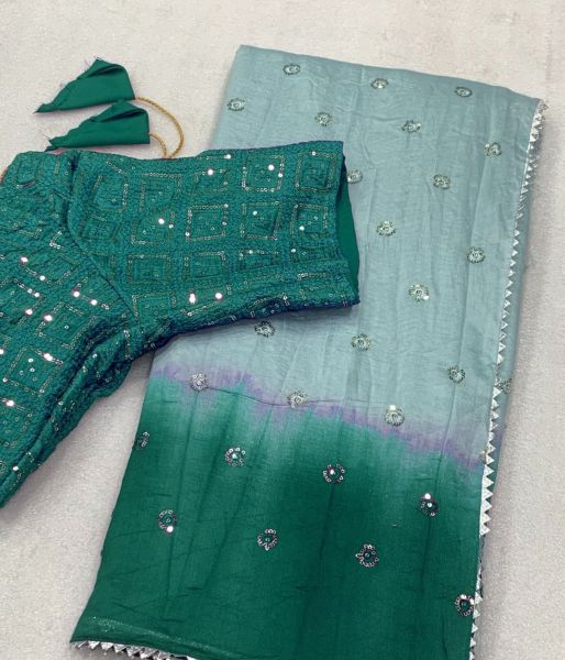 Aqua Deep Viscose Silk Fabric With Sequins Buti Work Saree