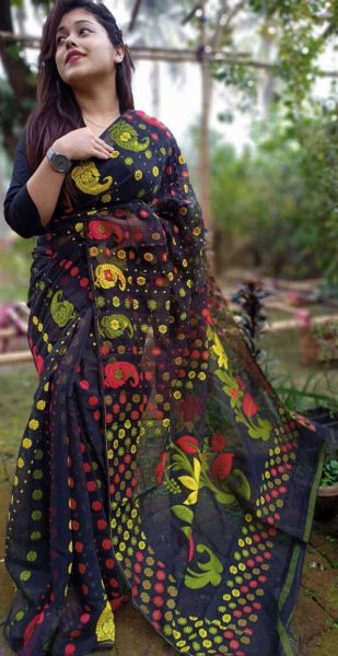 Black Dhakai Jamdani Cotton Saree