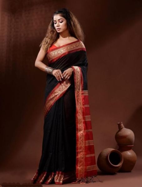 Black Pure Handloom Gadwal Silk Cotton Saree