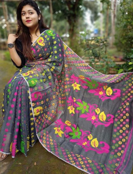 Black Dhakai Jamdani Cotton Saree