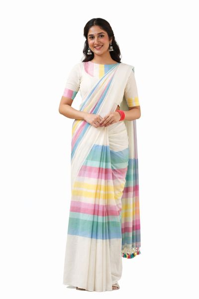 White Colour Pure Handloom Mulmul Cotton Saree From Bengal
