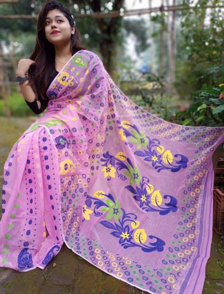 Baby Pink Dhakai Jamdani Cotton Saree