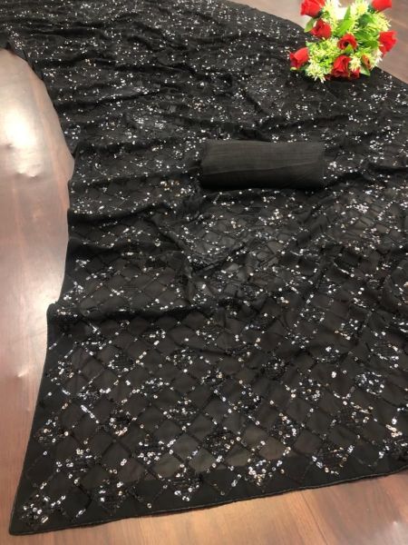 Black Embroidery Work With Sequence Georgette Saree With Back Side Supported Lace