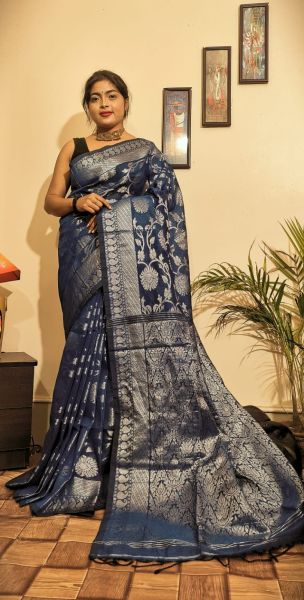 Aqua Blue Silver Flower Linen Saree From Bengal
