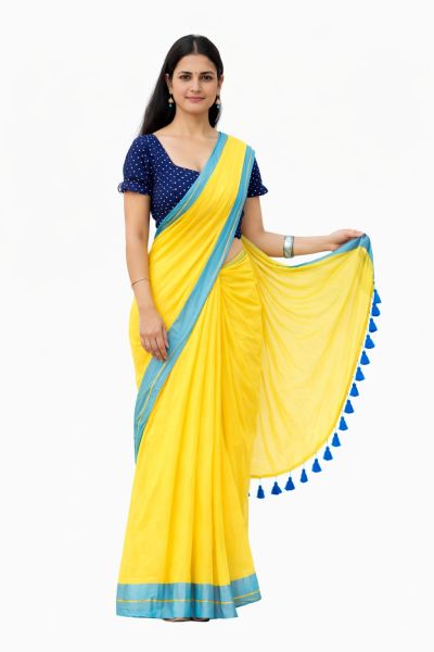 Yellow Pure Handloom Mulmul Cotton Saree From Bengel