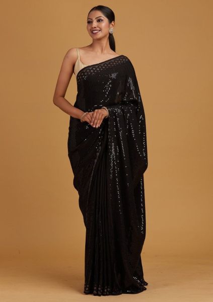 Black Jacquard Lace Work Soft Georgette Saree With Sequence Work