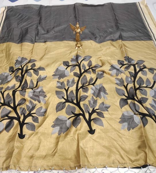 Black Cream Flower Soft Silk Saree From Bengal