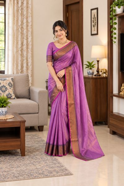 Purple Pure Handloom Tissue Cotton Saree From Bengal
