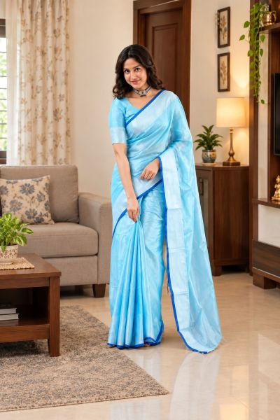 sea Blue Pure handloom Tissue Cotton Saree From Bengal