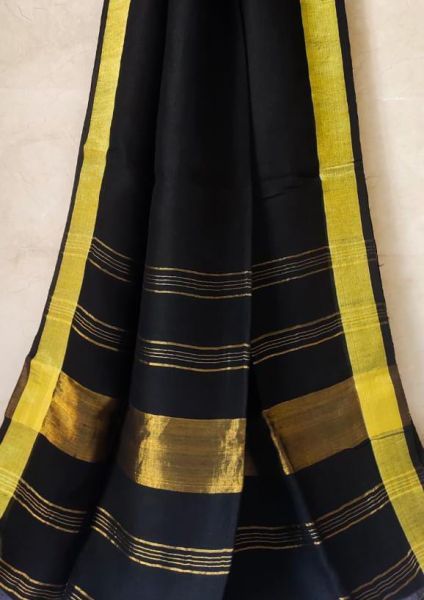 Black Plain Body Pure Handloom Linen Saree