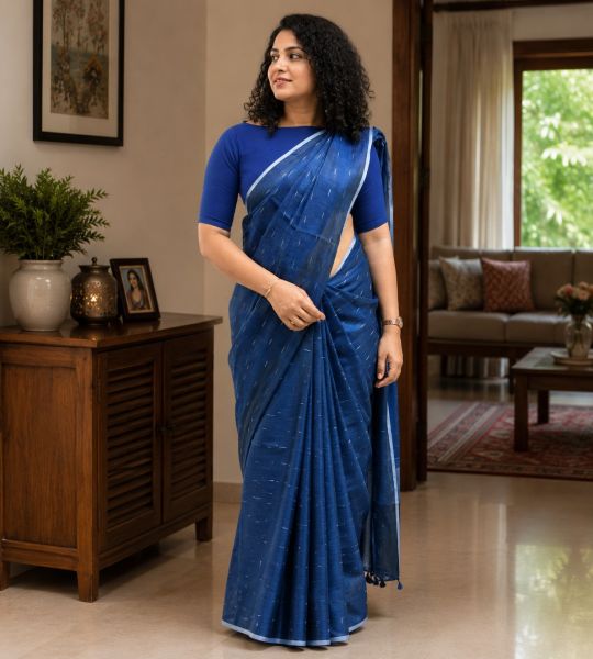 Indigo Blue Pure Handloom Linen By Linen Saree From Bengal