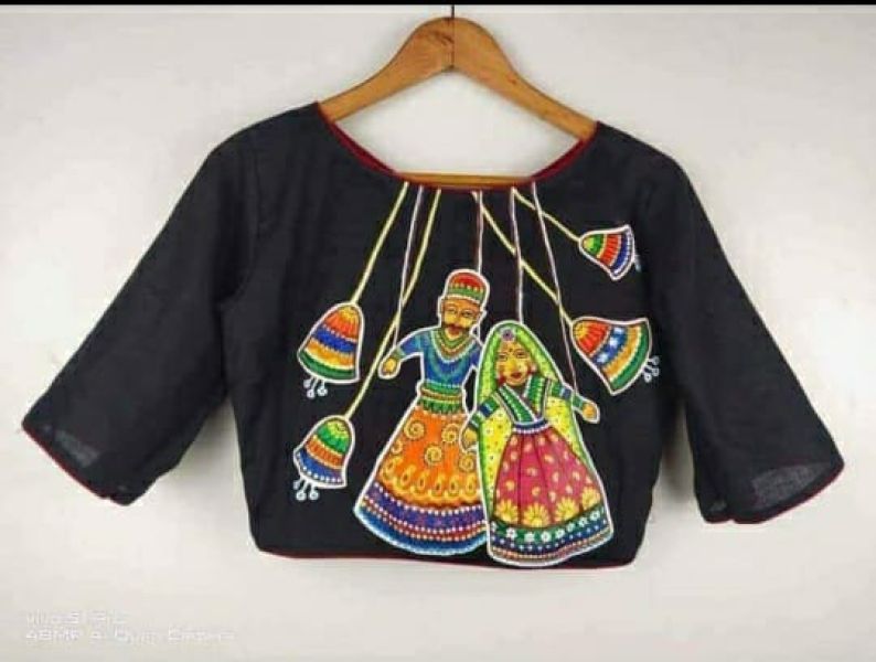 Black Hand Print Cotton Readymade Blouse