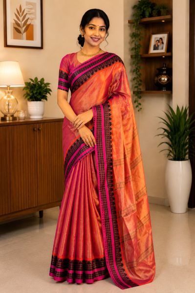 Peach Pure Handloom Tissue Cotton Saree From Bengal