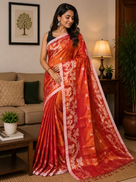 Orange Pure handloom Tissue Cotton Saree From Bengal