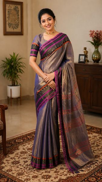 Grape Purple Pure Handloom Tissue Cotton Saree From Bengal