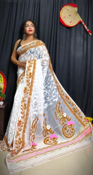 White Pure Handloom Dhakai Jamdani Cotton Saree From Bengal