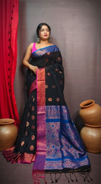 Black Blue Flower Design Pure Handloom Cotton Saree