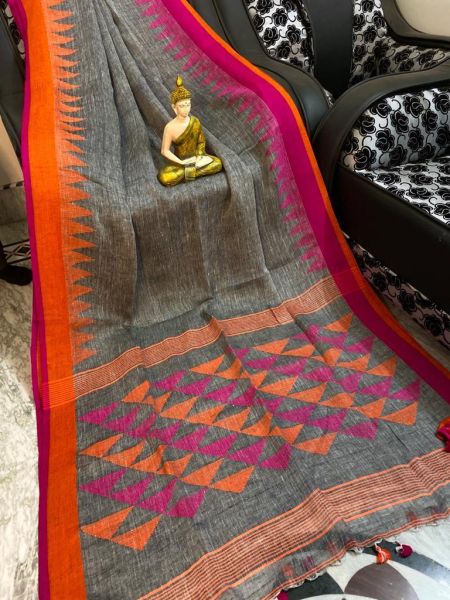 Ash Pure Handloom Linen Saree From Bengal