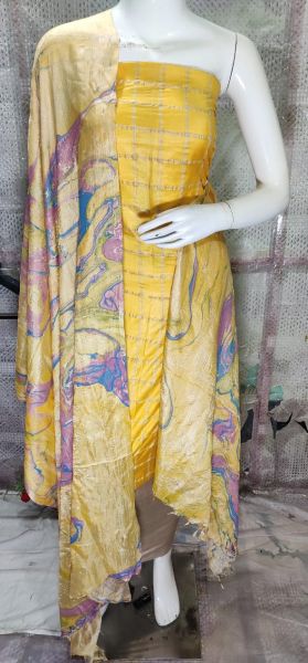Light Gold Katan Silk Suit Material With Pure Silk Kela Resham Marble Print Dupatta