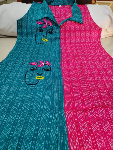 Blue And Pink Cotton Collar Kurti From Bengal