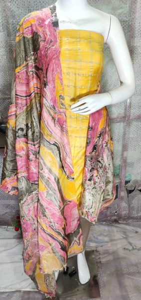 Light Mustard Katan Silk Suit Material With Pure Silk Kela Resham Marble Print Dupatta