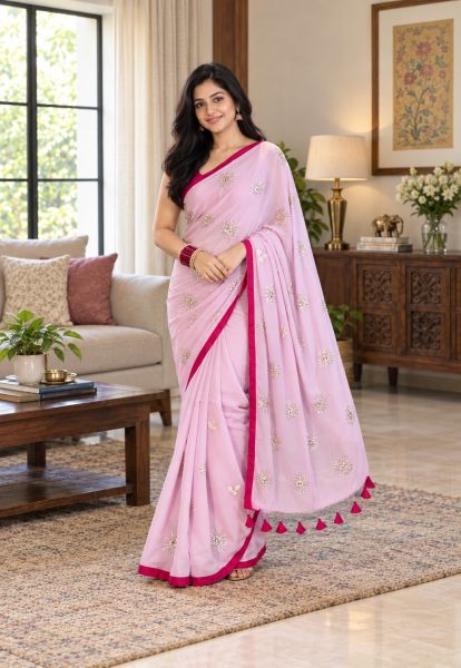 Light Pink Pure Handloom Mulmul Cotton Saree From Bengal