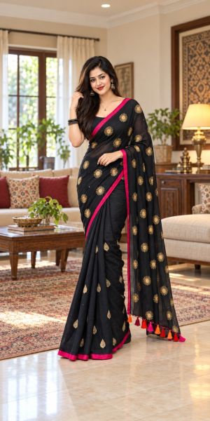 Black Pure Handloom Mulmul Cotton Saree From Bengal