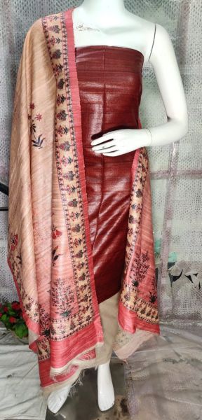 Persian Plum Tussar Ghicha Silk Suit With Digital Print Dupatta From Bihar