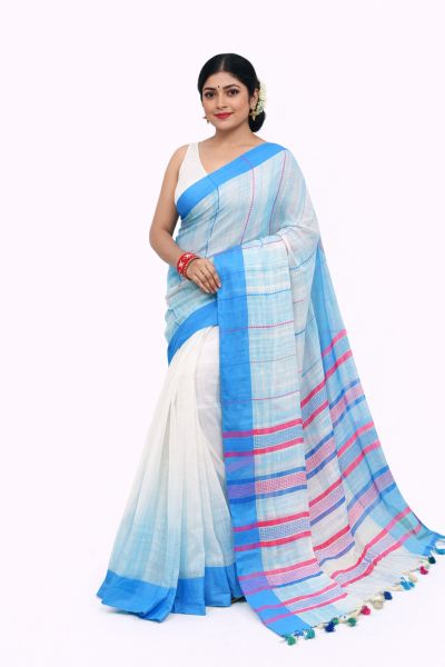 White Blue Ikkat Women's Hand Weaving Saree From Bengal