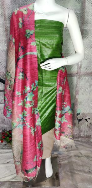 Fern Green Tussar Ghicha Silk Suit With Digital Print Dupatta From Bihar