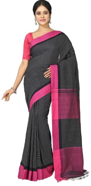 Black Pure Handloom Cotton Check Design Saree